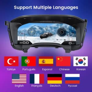 Digital dash screen on 15.1-inch LCD showing multiple language selection interface including English, Spanish, French and German
