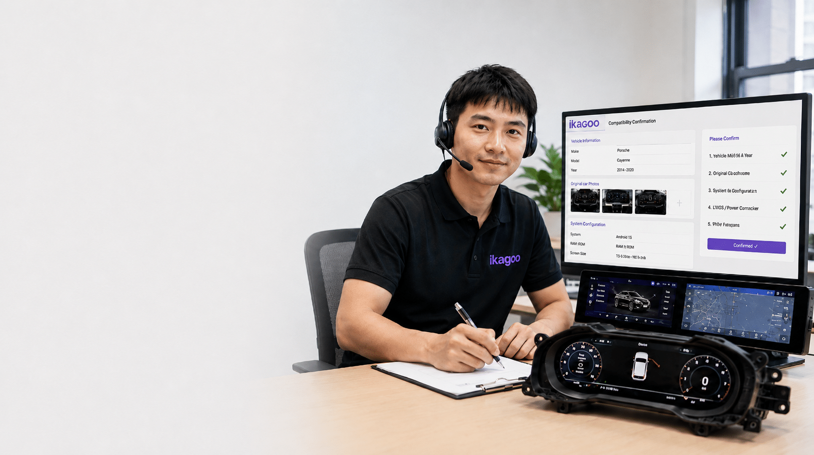 iKAGOO engineer reviewing vehicle compatibility for digital instrument cluster and Android head unit upgrades