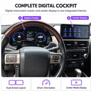 Интерьер Lexus GX460 с установленной цифровой приборной панелью за рулем и центральным информационно-развлекательным дисплеем